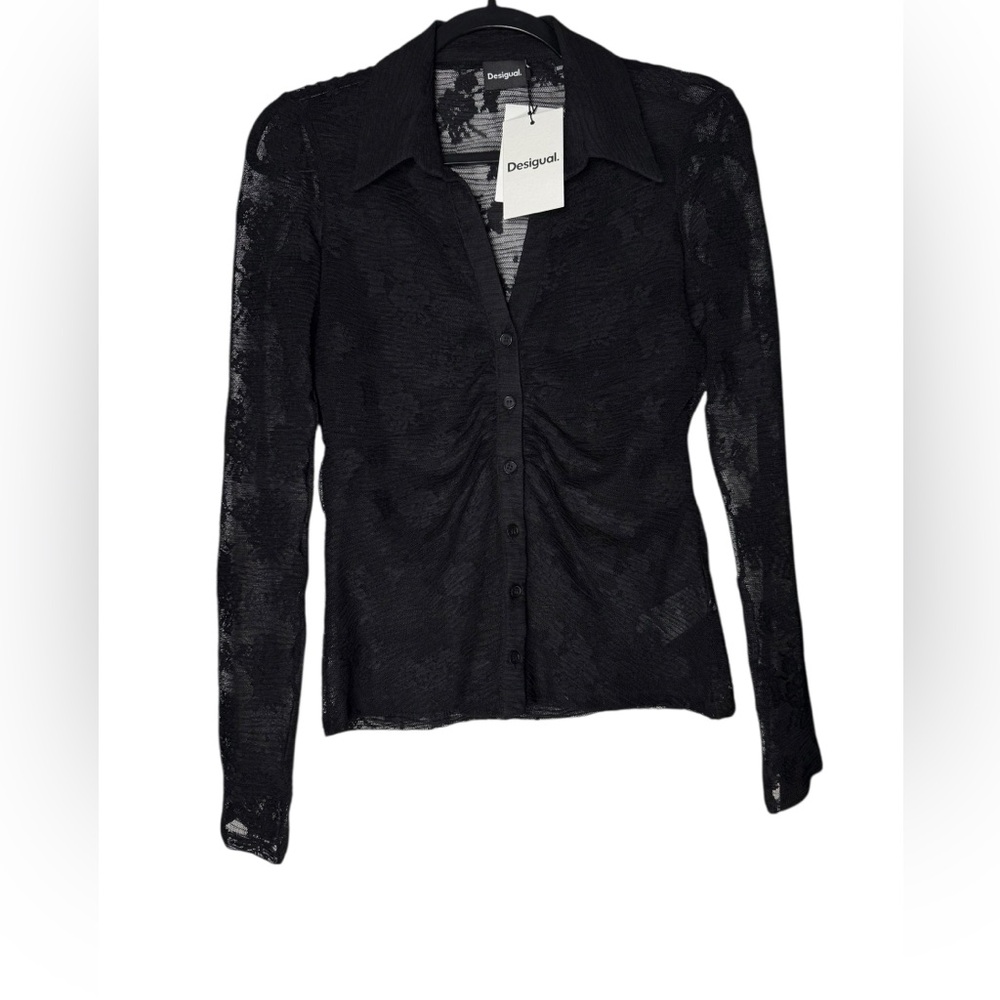 Desigual Sheer Lace Button Front Blouse Womens Medium Black Mesh Stretch Top NWT